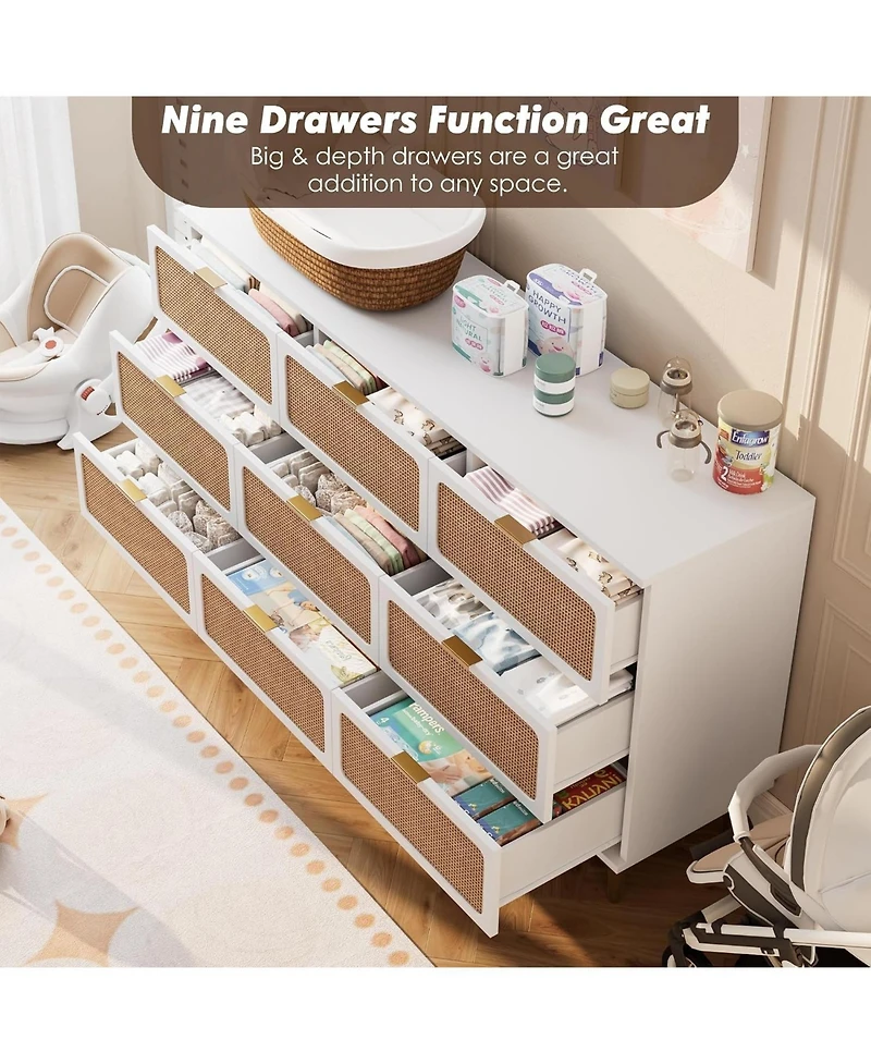 gaomon Rattan 9 Drawer Dressers for Bedroom, Tall Dresser with Deep Drawers, Large Chest of Drawers for Closet with Wide Top, Long Wooden Dresser