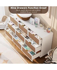 gaomon Rattan 9 Drawer Dressers for Bedroom, Tall Dresser with Deep Drawers, Large Chest of Drawers for Closet with Wide Top, Long Wooden Dresser