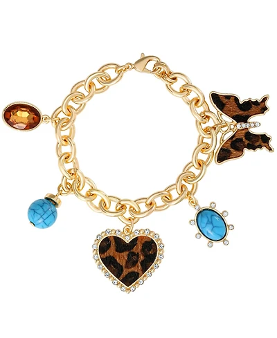Jessica Simpson Crystal and Cheetah-Print Butterfly and Heart Charm Bracelet for Women 7.5inch, 5 Charms