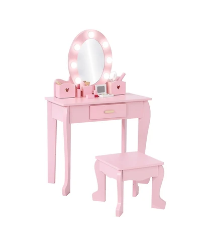 homfan Lighted Mirror Kids Vanity Table and Chair Set - Wooden Princess Makeup Dressing with Stool Pretend Play Storage Drawer