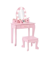 homfan Lighted Mirror Kids Vanity Table and Chair Set - Wooden Princess Makeup Dressing with Stool Pretend Play Storage Drawer