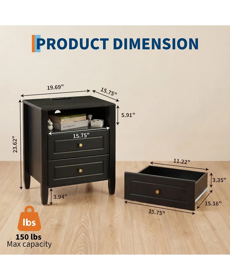 gaomon Modern 2-Drawer Nightstand with Charging Station and Open Shelf-a Compact for the Bedroom or Living Room