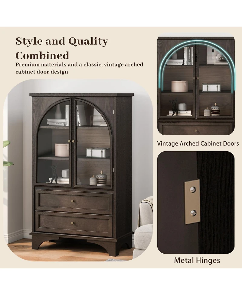 Streamdale Furniture 52.17"H Glass Door Display Cabinet with 2 Drawers and Adjustable Shelf
