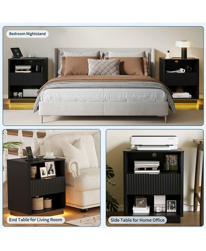 gaomon Fluted Nightstand with Charging Station, Wooden Night Stand with Led Light