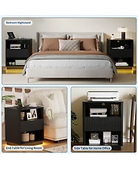 gaomon Fluted Nightstand with Charging Station, Wooden Night Stand with Led Light