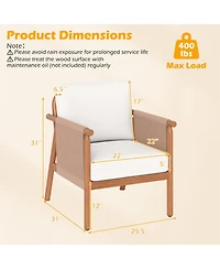 Sugift Set of 2 Acacia Wood Patio Chairs with Woven Rope Armrests and Seat Back Cushions
