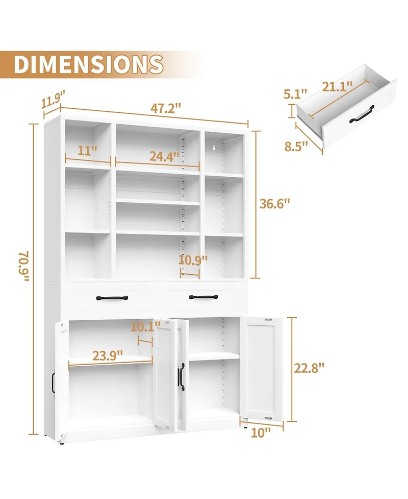 Streamdale Furniture 71" Tall Industrial Storage Bookcase with Doors, Drawers and Adjustable Shelves