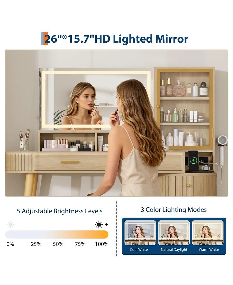 gaomon Vanity Desk with Light Mirror, 47.2 Inch Vanity Table with Stool and Charging Station, Makeup Table with Drawer and Cabinet and Glass Door