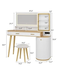 gaomon Vanity Desk with Light Mirror, 47.2 Inch Vanity Table with Stool and Charging Station, Makeup Table with Drawer and Cabinet for Bedroom