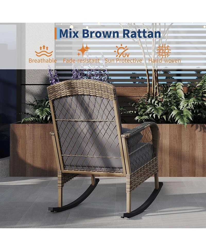 gaomon 3 Piece Outdoor Wicker Rocking Chair, Weather Resistant Wicker with Table for Porch, Backyard, Garden and Patio