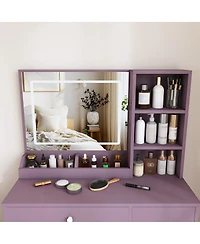 Streamdale Furniture Purple Vanity Desk Set with Led Mirror and Padded Stool