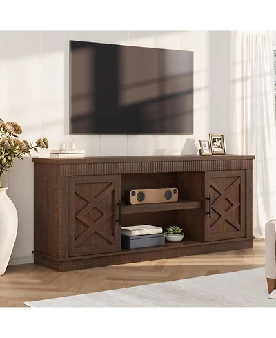 gaomon Farmhouse Tv Stand for 65/70 Inch TVs, 65 in Long Entertainment Center with 2 Door and Open Storage Shelf, Fluted Television Consoles Stands