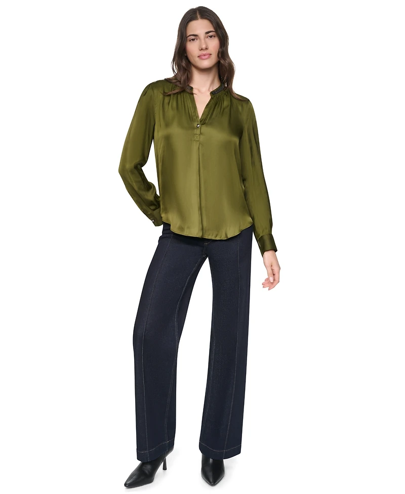Dkny Women's V-Neck Satin Long-Sleeve Top