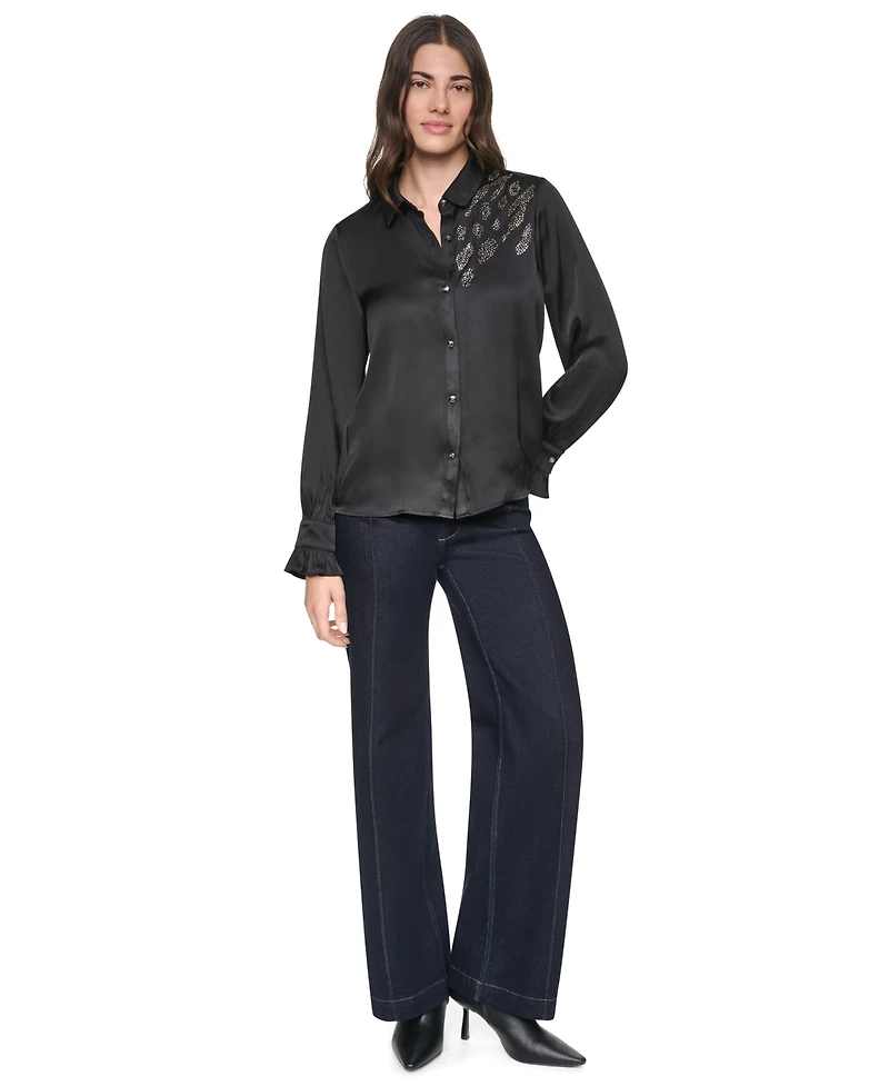 Dkny Women's Animal Print Heatset Ruffle-Cuff Collared Blouse