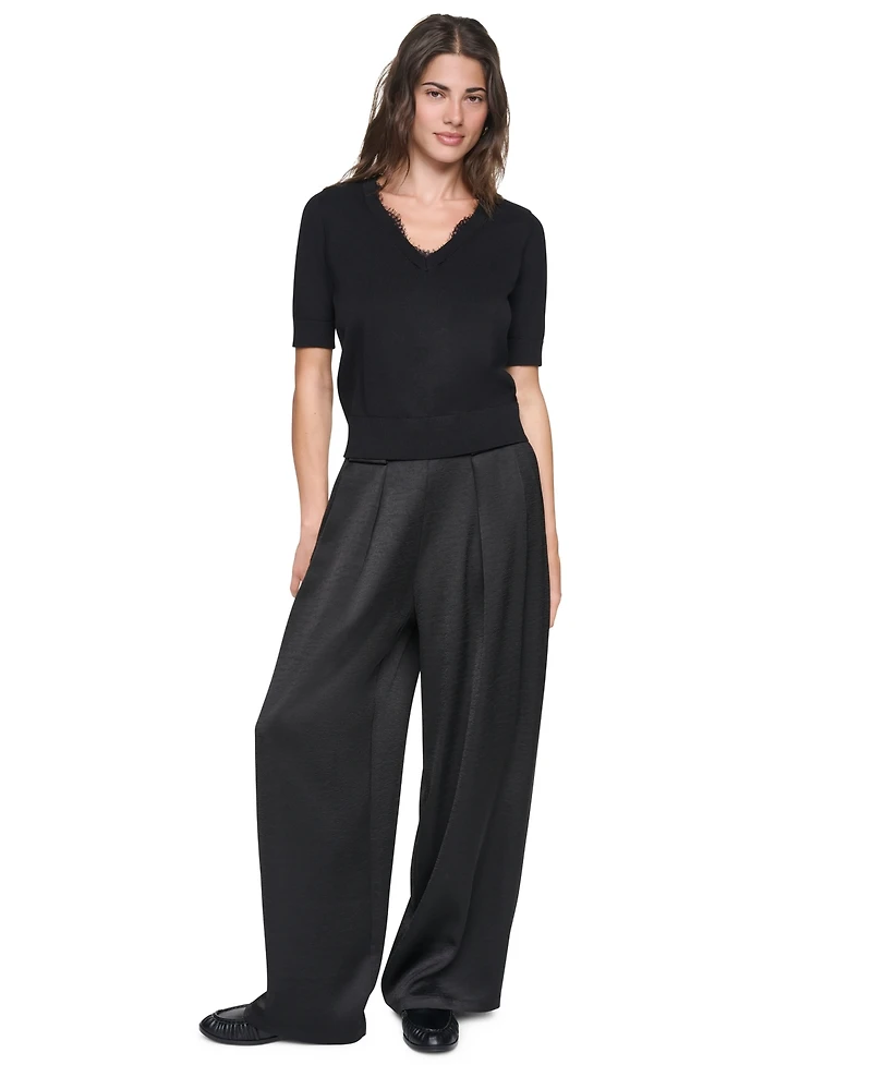 Dkny Women's Lace Trim Crewneck Short-Sleeve Cotton Sweater