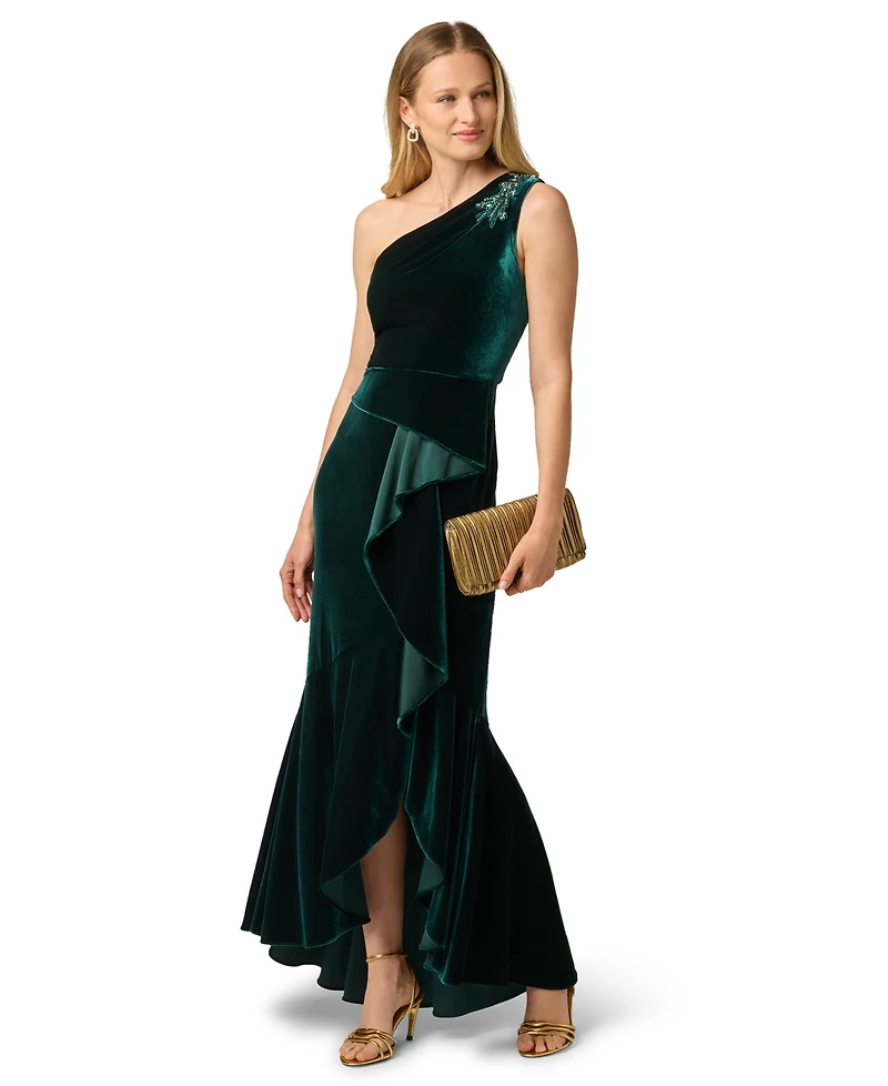 Adrianna Papell Women's One-Shoulder Stretch Velvet Gown