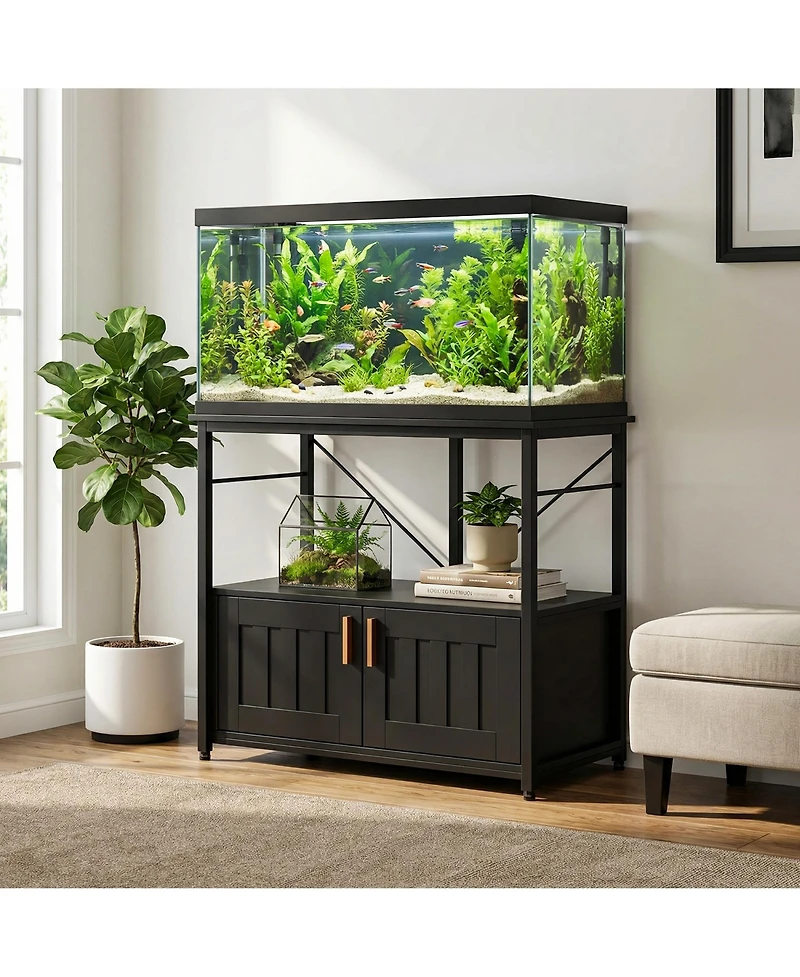 homfan Aquarium Stand for 40-50 Gallon Tanks – Modern Metal and Wood Storage Shelf Double-Tier Organizer Holds 660lbs Adjustable Leveling Feet