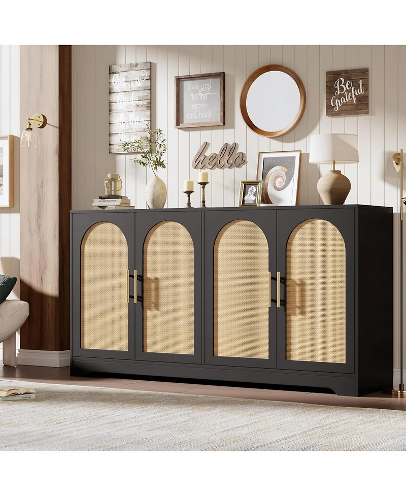 gaomon 59" Rattan Sideboard Buffet Cabinet, 4-Door Modern Storage Console for Living Room, Kitchen & Dining