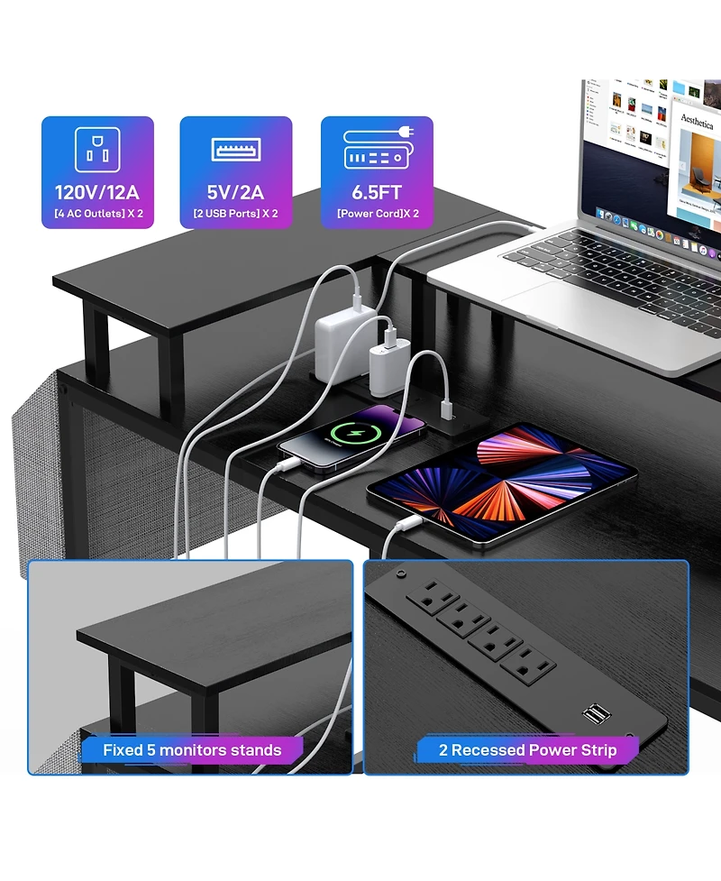 homfan U-Shaped Reversible Office Desk with Power Outlets, Rgb Led Lights, Monitor Stand, Storage Shelves, Large Corner Computer Table for Home