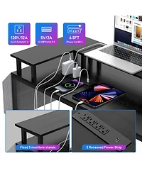 homfan U-Shaped Reversible Office Desk with Power Outlets, Rgb Led Lights, Monitor Stand, Storage Shelves, Large Corner Computer Table for Home