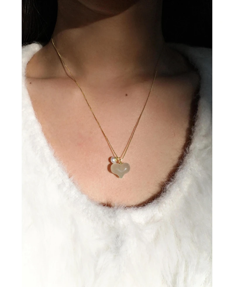 Puffed heart — Green jade & pearl pendant necklace