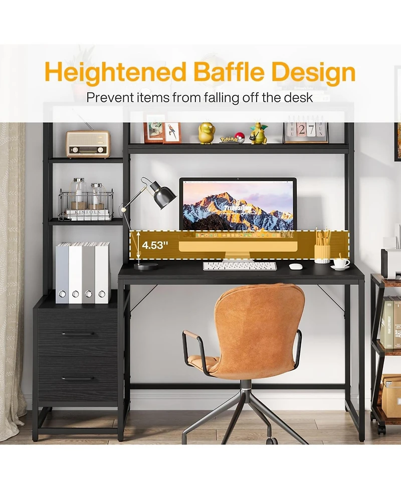 Tribesigns 55" Computer Desk with 2 Drawers: Rustic office desk with hutch and shelves. Workstation for home office