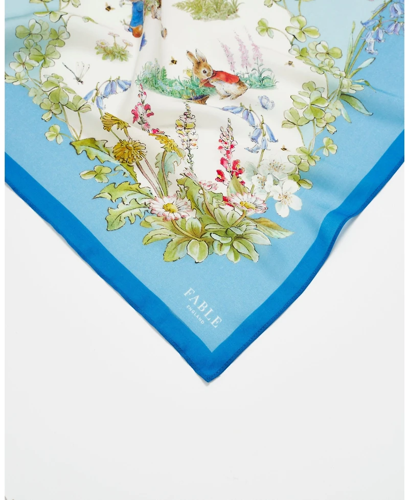 Fable England Peter Women's Rabbit Blue Narrative Silk Blend Square Scarf