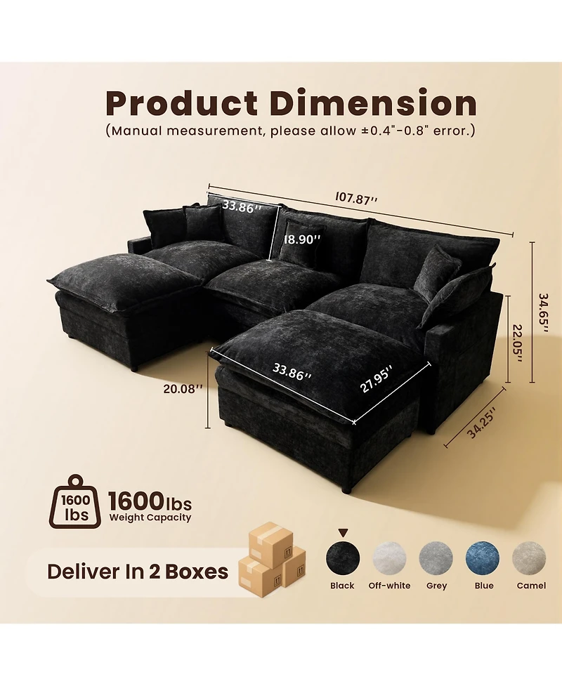 Xizzi 108" U-Shaped Modular Sectional Sofa with 2 Ottoman, Comfy Chenille Cloud Couch Deep Seat Bed 5 Pillows for Living Room, 5-Seater