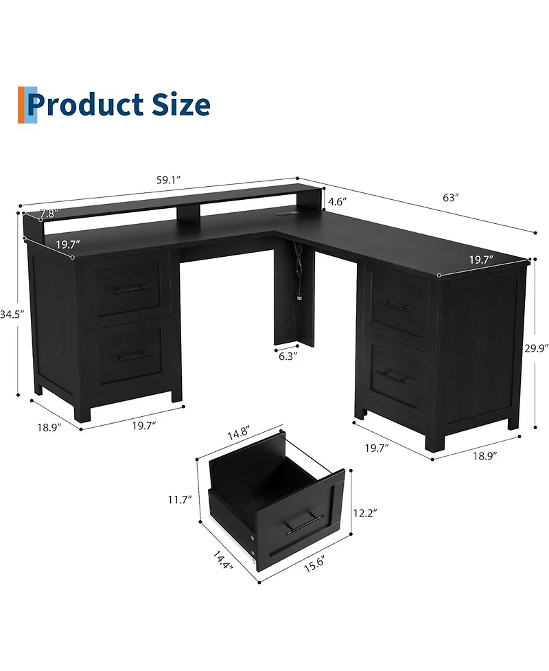 gaomon 63" Farmhouse L-Shaped Executive Desk with 4 File Drawers, Power Outlet and Monitor Stand