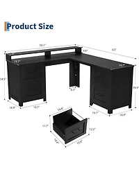 gaomon 63" Farmhouse L-Shaped Executive Desk with 4 File Drawers, Power Outlet and Monitor Stand