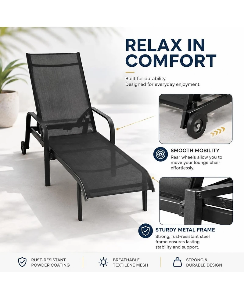 GarveeLife Set of 2 Adjustable Outdoor Chaise Lounge Chairs with Textilene Mesh, Steel Frame and Reclining Back for Patio.