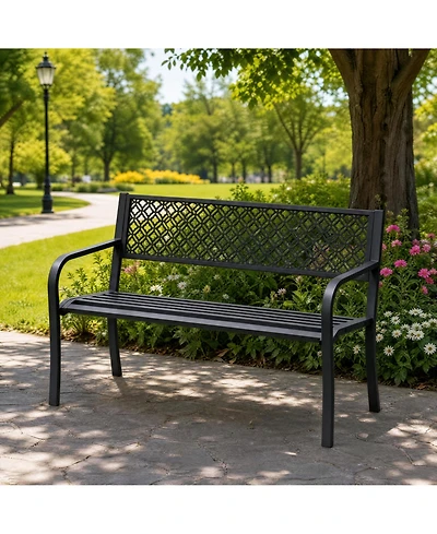 GarveeLife Heavy Duty Outdoor Metal Garden Bench for 2 Persons - Steel Patio Seating 790 lbs Capacity Weather Resistant Geometric Backrest