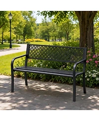 GarveeLife Heavy Duty Outdoor Metal Garden Bench for 2 Persons - Steel Patio Seating 790 lbs Capacity Weather Resistant Geometric Backrest