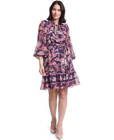 Jessica Howard Petite Ruffle Neck Puff Sleeve Fit-and-Flare Dress