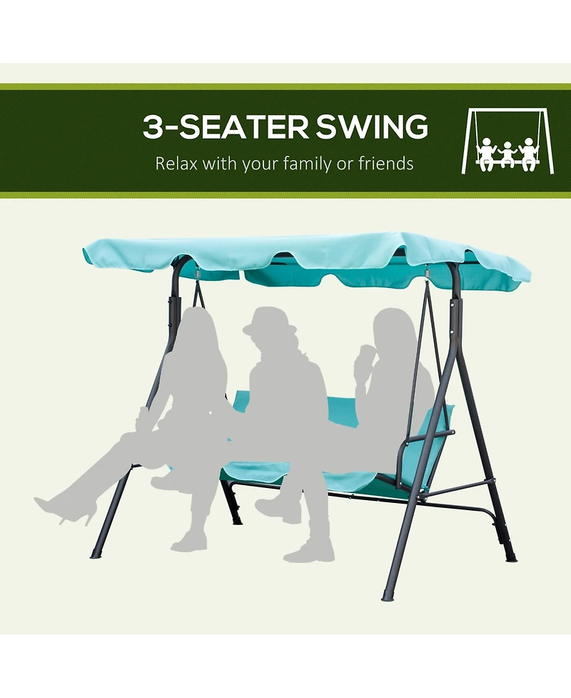 Outsunny Patio Porch Swing Chair with Adjustable Canopy, Seats 3 Adults, Steel Frame, Armrests, Green