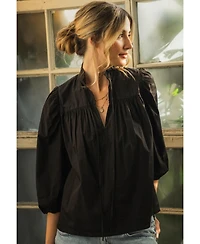 Ocean+Main Women's Cotton Tie Neck 3/4 Sleeve Top
