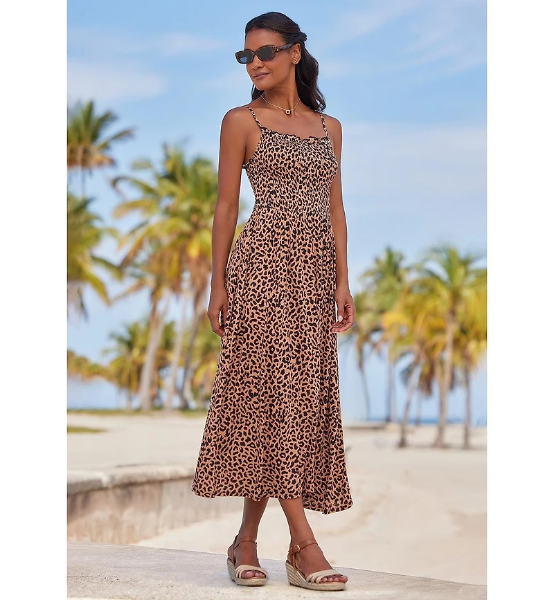 Lascana Women's Viscose Animal Print Smocked Square-Neck Midi Dress
