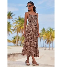 Lascana Women's Viscose Animal Print Smocked Square-Neck Midi Dress