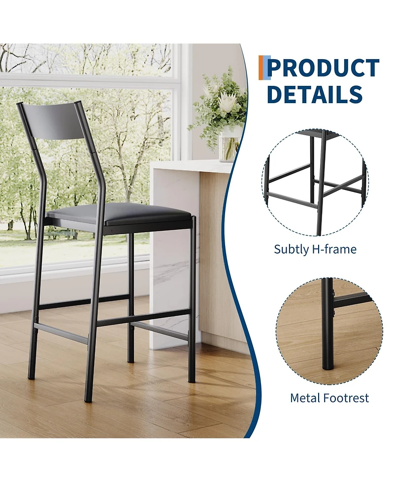 Gaomon Modern Bar Stools Set of 4, 24 Inch Counter Height, Pu Leather Barstools with Backrest and Footrest, 300 Lb Capacity