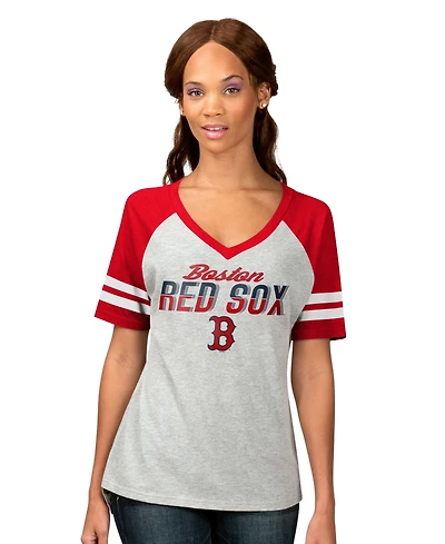 G-iii 4Her by Carl Banks Women's Heather Gray Boston Red Sox Goal Line Raglan V-Neck T-Shirt