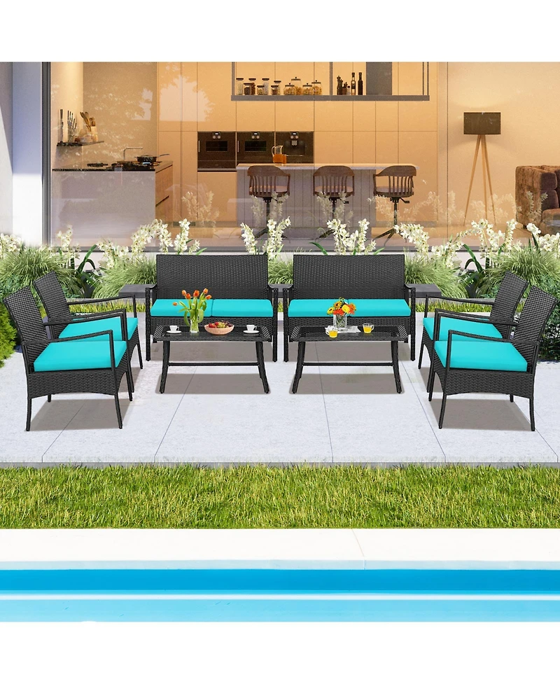 Costway 8Piece Patio Wicker Furniture Set Cushioned Chairs and Loveseat with Coffee Table Garden