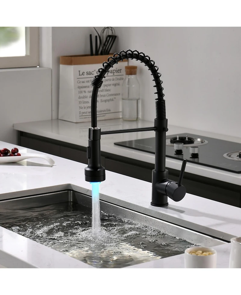 Phying Led Commercial Kitchen Faucet Single Handle Single Lever Pull Down Sprayer 360 Rotatable High Arch Gooseneck Sink Faucet