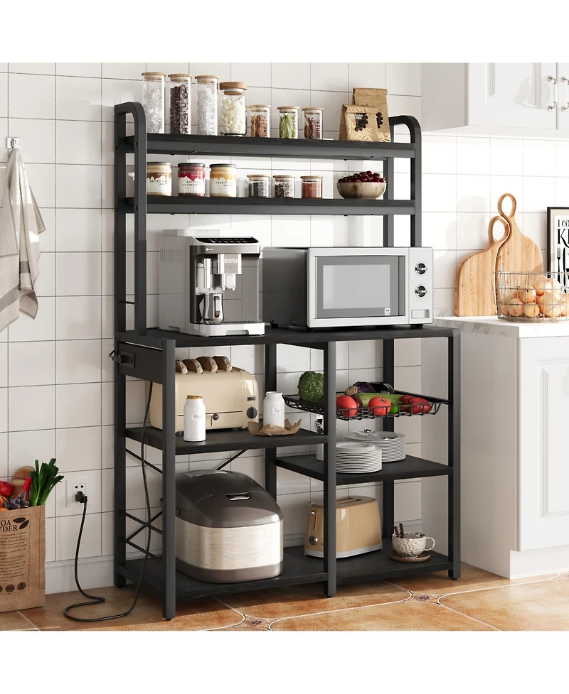 homfan 6-Tier Childs Storage Bookshelf with Power Outlet - Spacious Bookcase and Cabinet Microwave Stand, Coffee Bar, Industrial Organizer