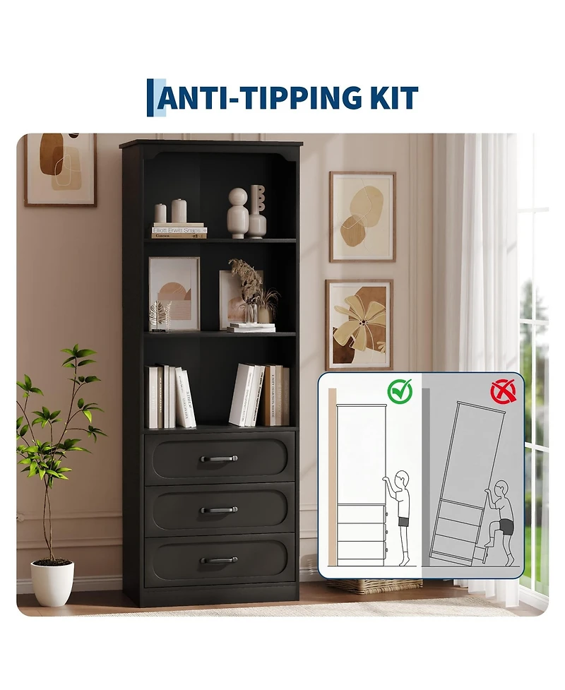 homfan 70" Tall Bookshelf with 3 Drawers Bookcase 3-Tier Open Shelves and Adjustable Shelf, Storage Cabinet for Living Room, Kitchen Bathroom