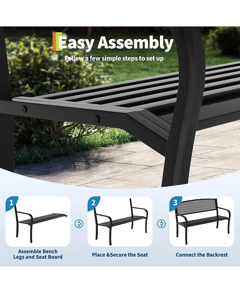 GarveeLife 50" Outdoor Metal Garden Bench, Patio Steel Bench with Curved Backrest, Decorative Pattern, Weather-Resistant Porch for Yard, Park