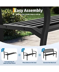 GarveeLife 50" Outdoor Metal Garden Bench, Patio Steel Bench with Curved Backrest, Decorative Pattern, Weather-Resistant Porch for Yard, Park