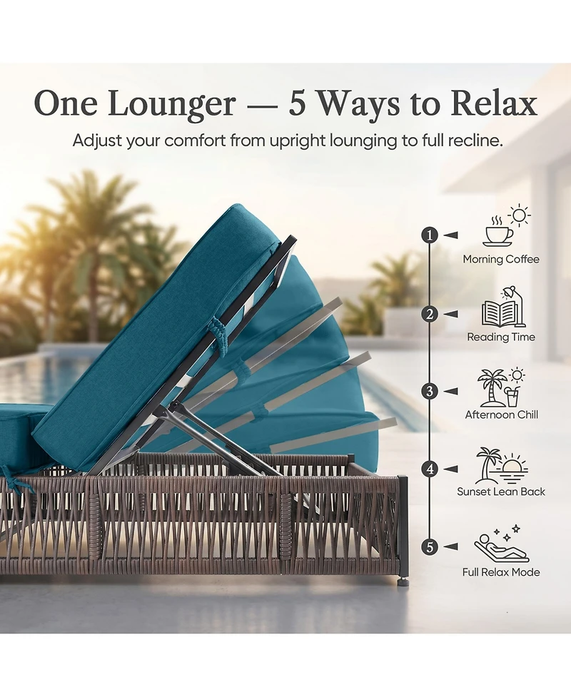 Pocassy Outdoor Chaise Lounge, Wicker Recliner with Adjustable Backrest, 5inch Thick Water Repellent Cushions, Patio Rattan Lounge Chairs