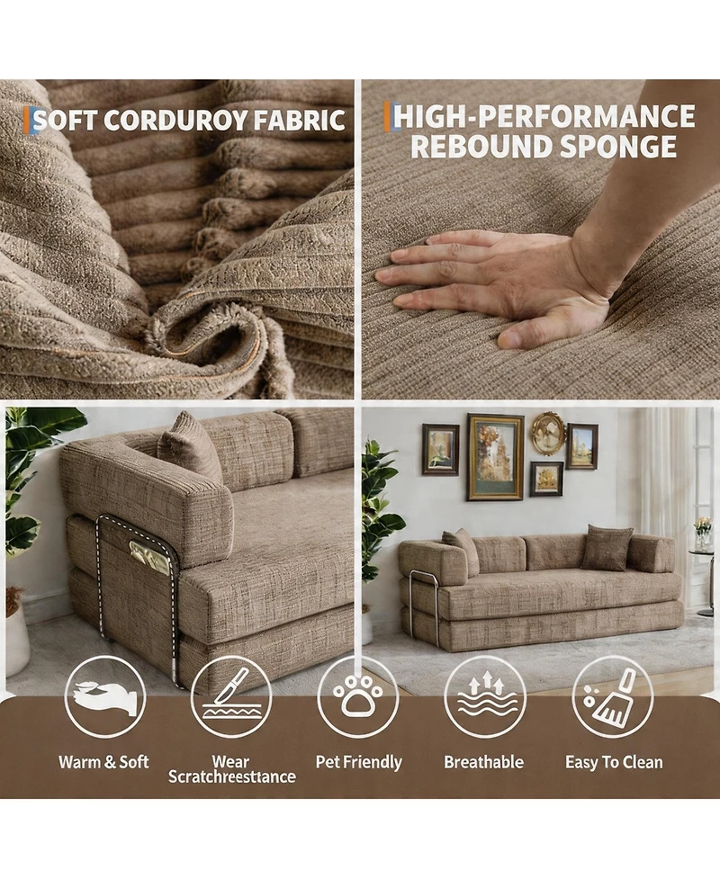 gaomon 79 Inch Corduroy Floor Sofa with 4 Pillows and 2 Cup Holders, Armless Deep Seat Design, Perfect for Living Rooms, Apartments and Small Spaces
