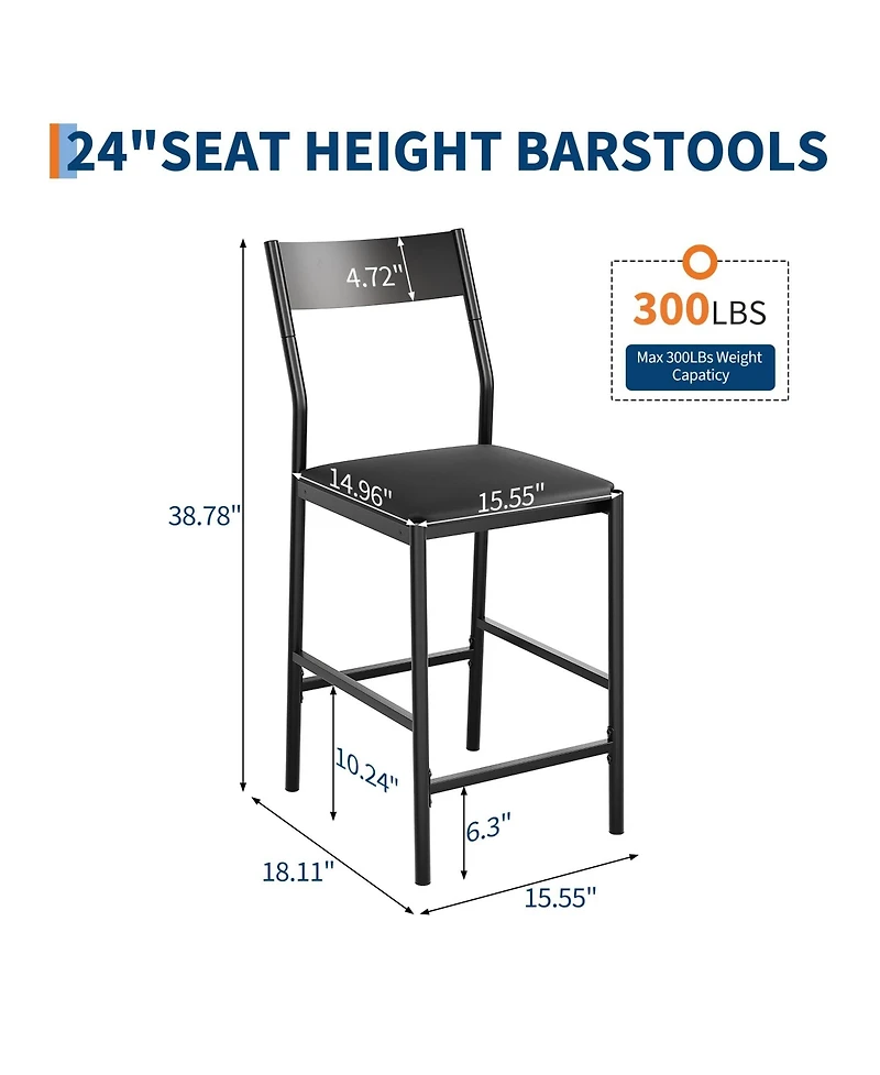 homfan Set of 2 Bar Stools, 24 Inch Pu Leather Counter Height Stools with Backrest and Footrest for Kitchen or Dining Room