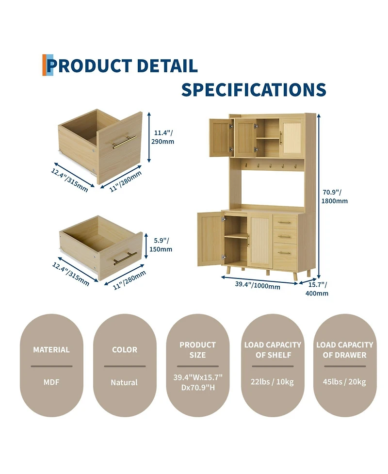 homfan 71-Inch Rattan Pantry Cabinet with Microwave Stand, 3 Drawers, Doors and Hooks, Boho Storage Hutch for Kitchen, Dining Room and Living Room